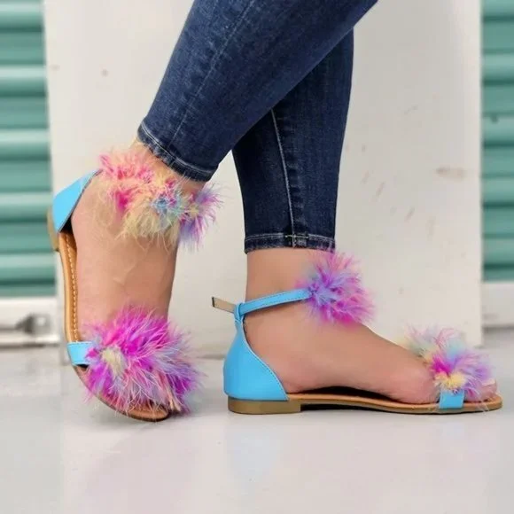 Women's Multicolor Feathered Embellished Sandals Blue Color - Picture 2 of 4